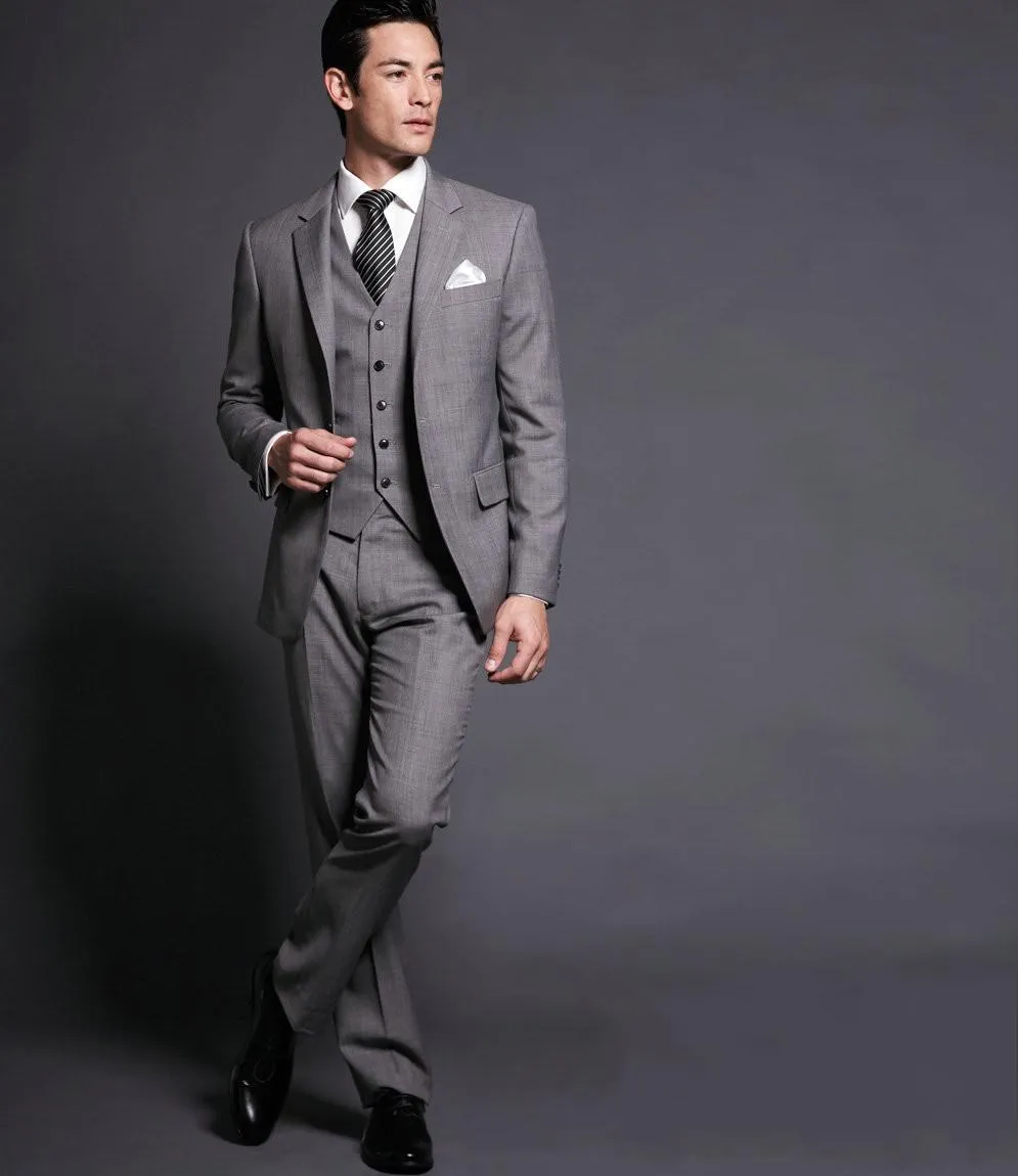 Slim Fits Man Work Business Suit Light Gray Men Prom Dress Party Suit Groom Tuxedos(Jacket+Pants+Vest+Tie) NO:909