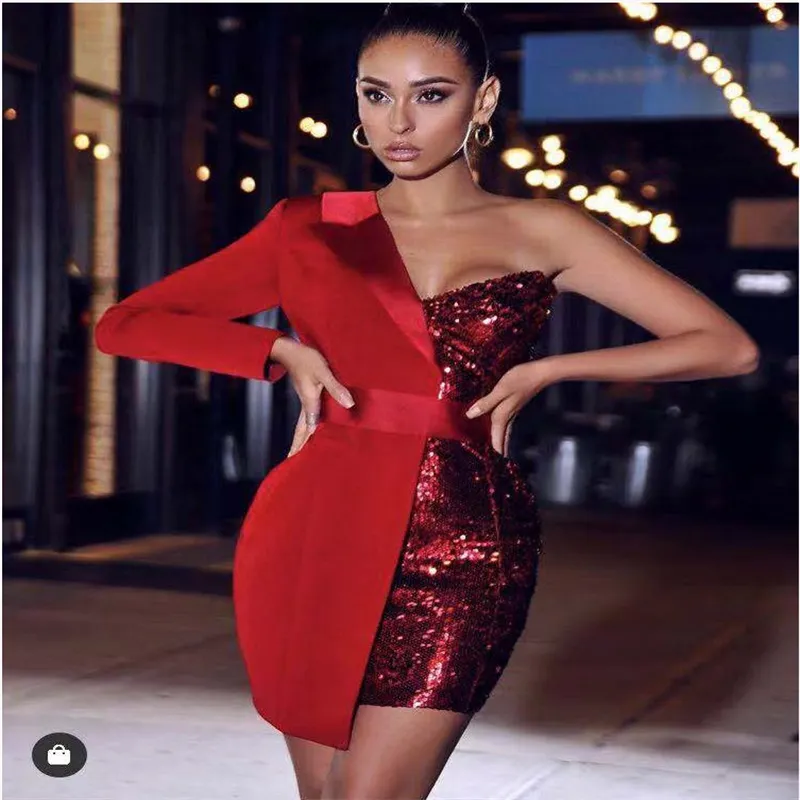 Wysokiej Jakości Czerwony Srebrny Night Prom Dresses One Sleeved Glitter Cekiny Crepe Tuxedo Blazer Dress Długość Kolana Długość Dziewczyna Moda Wieczór Nosić