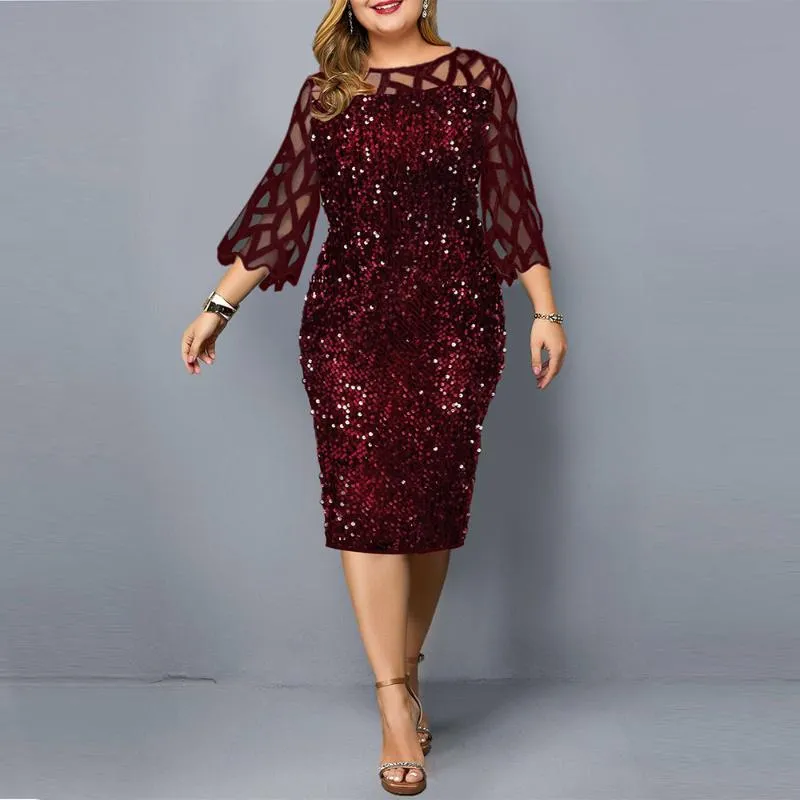 Abito da sera da donna Midi con paillettes in rete a maniche lunghe in pizzo elegante aderente XL-4XL 5XL da sera donna estate