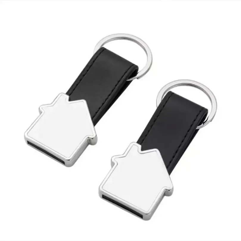DHL personnalisé porte-clés en métal faveur sublimation porte-clés en forme de maison avec anneau en cuir PU unique rectangle souvenir clé pendentif Xu