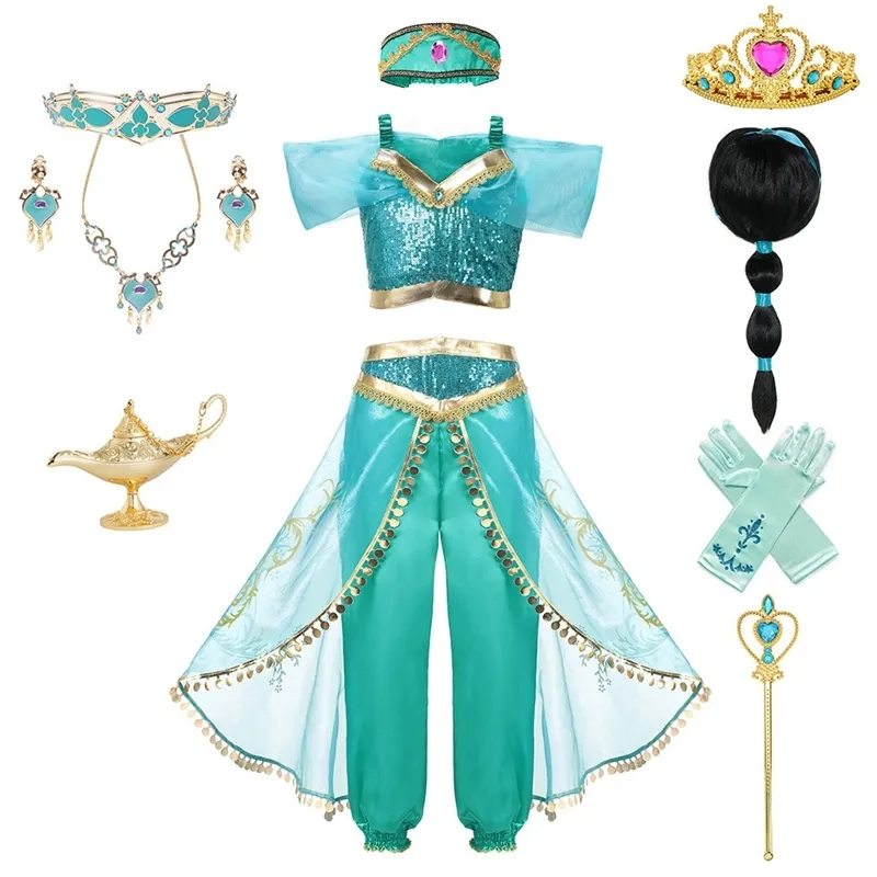 Kid Aladdin and the Magic Lamp's Princess Top and Pants Clothing Set with Headband Girls Jasmine Birthday Party Dress up Cosplay 201126