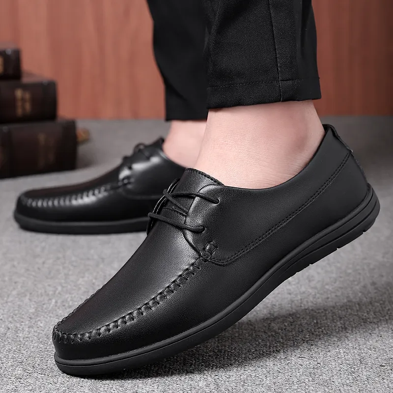 Genuine Leather Men Casual Shoes Luxury Brand Formal Business Mens Loafers Breathable Slip on Male Driving Black 220218