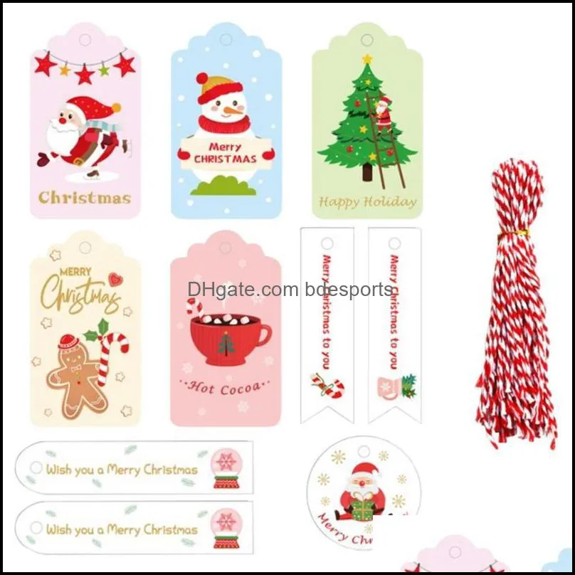 Christmas Decorations 50 Pieces Kraft Tags Paper Labels With Tree Santa Claus Patterns Gift Jute Twine For