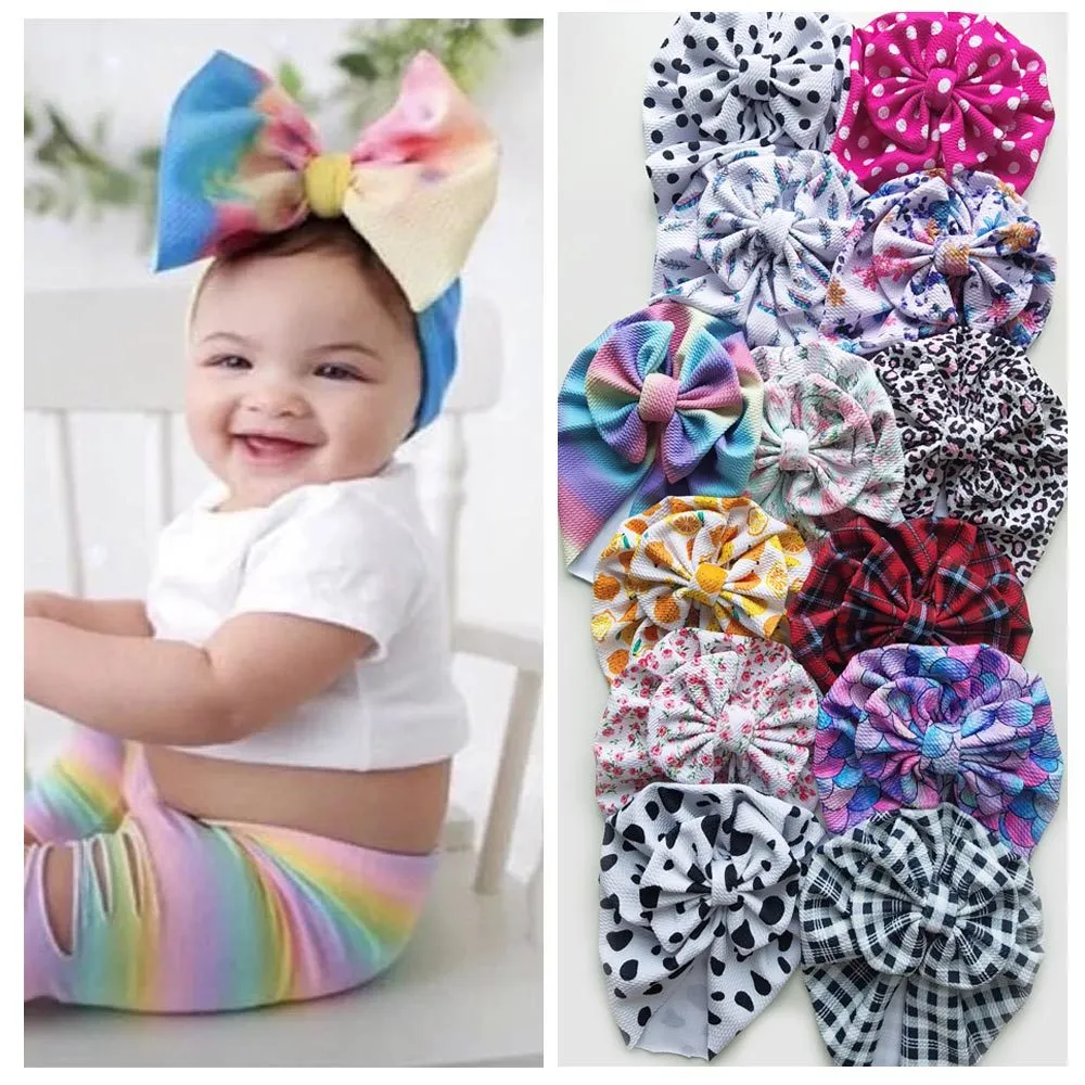 INS 13 Colors New Fashion Polka Dot Plaid Flowers Design Knot Bow headbands Elastic Cotton Hair accessories Beanie Cap Multi color Baby Hats