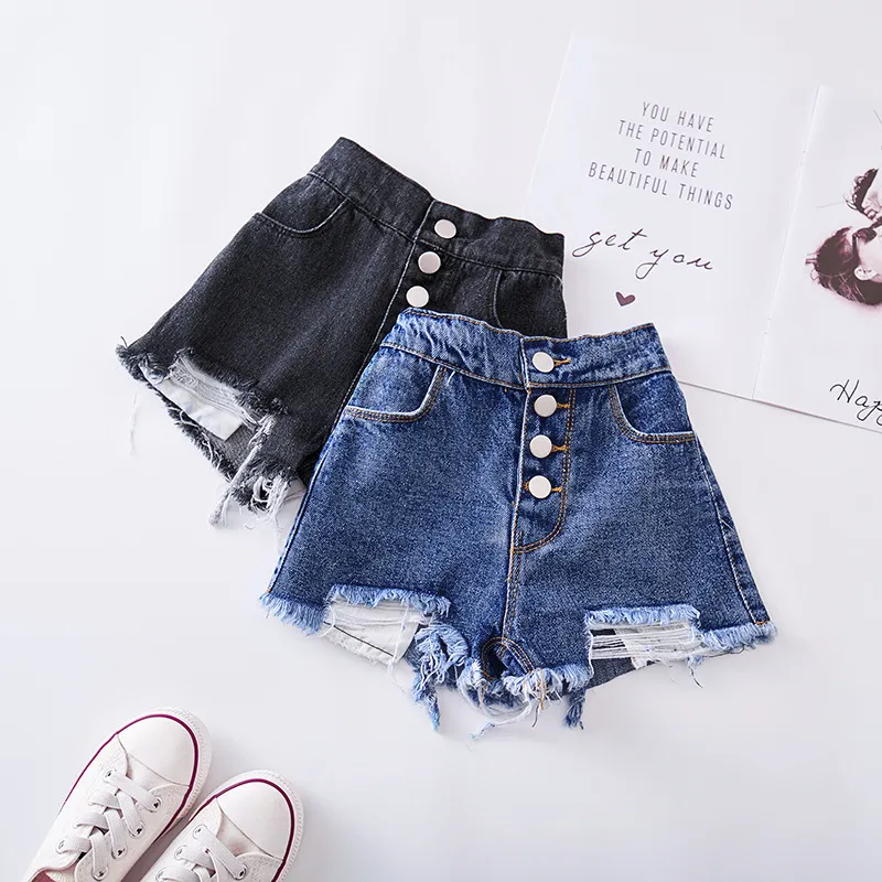 Корейская детская одежда для девочек лето новая модная повседневная пуговица джинсы горячие брюки Средние и маленькие дети