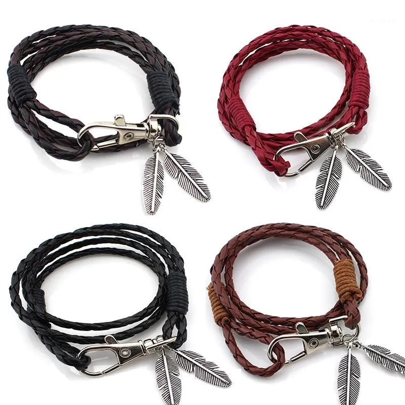 Charm Bracelets Wholesale- 2021 Fashion Leather Bracelet Feather Leaf Wrap Braided Wristband Cuff Punk Multilayer Men Women Bangle1