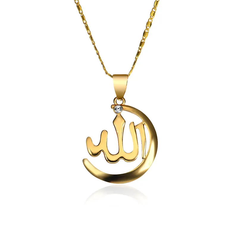 Goldfarbene muslimische Islam-Halskette für Damen und Herren, Schmuck, Strass, Religion, Mond-Halsketten, Anhänger für arabische Namen