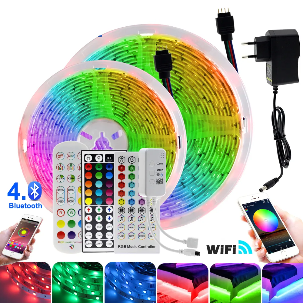 LED-remsa 5050 RGB 5m / 10m / 15m / 20m / 30m DC12V Neon Tape Lampa + IR / Bluetooth / Wifi Remote + Power Adapter för heminredning