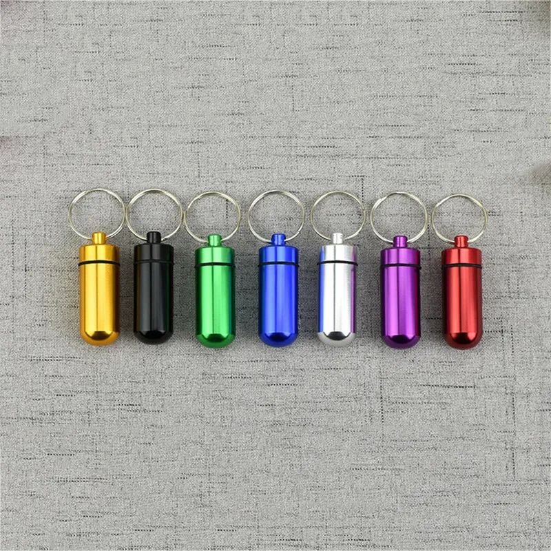 Travel Aluminium Alloy Waterproof Pill Box Case Nyckelring Nyckelring Medicin Förvaring Arrangör Flaskhållare Container Keychain Gratis frakt