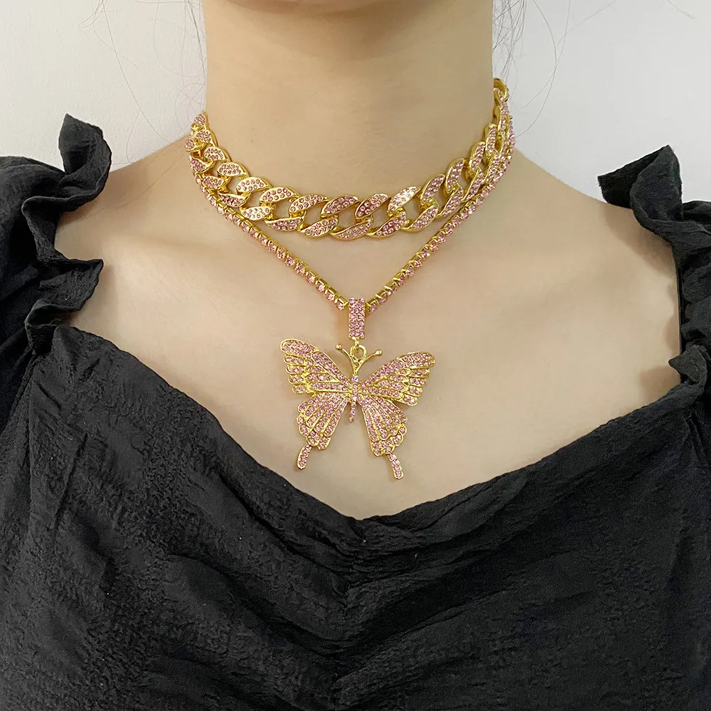 Statment Big Butterfly Pendant Necklace Hip Hop Iced Out Rhinestone Chain for Women Bling Tennis Chain Crystal Animal Choker Jewel238B