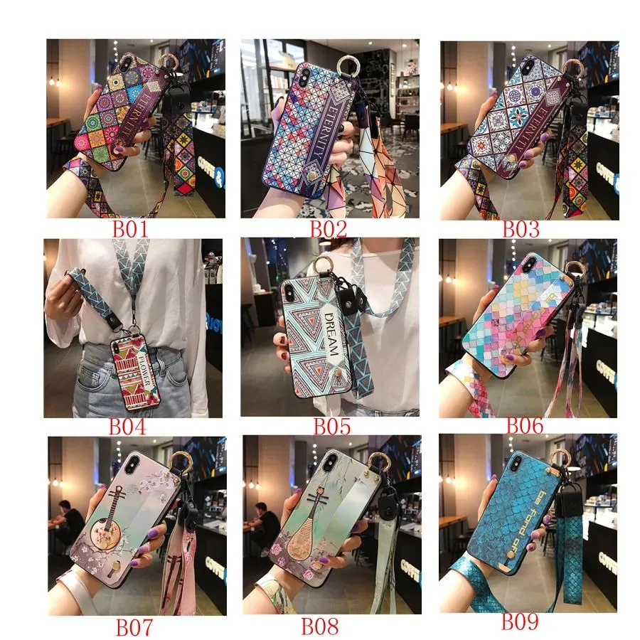 Moda Telefon Tutucu Kılıf Ile Bilek Kayışı Ile iPhone 13 Pro Max 12 11 XS XR X 8 7 6 Artı Kapak Samsung S22 Artı Ultra S21 S20 Not 20 Tutucu Standı Kılıf