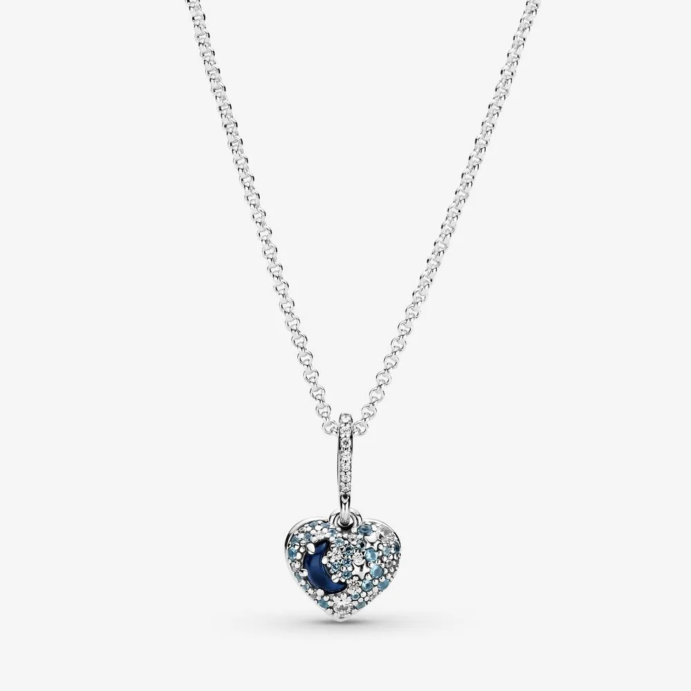 100% 925 argent Sterling étincelant bleu lune étoiles coeur collier mode femmes mariage fiançailles bijoux accessoires
