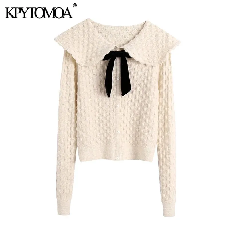 KPYTOMOA Moda donna Velluto con fiocco a righe con texture maglione lavorato a maglia Vintage manica lunga con bottoni pullover femminili Chic Top 201030