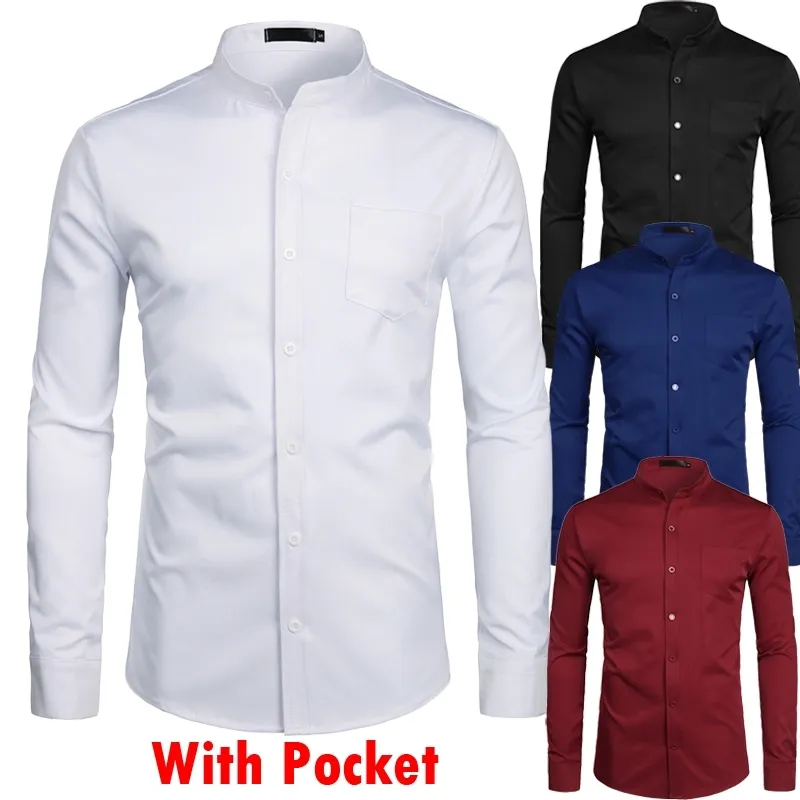 Stand Collar White Mens Dress Shirts Single Pocket Slim Fit Wedding