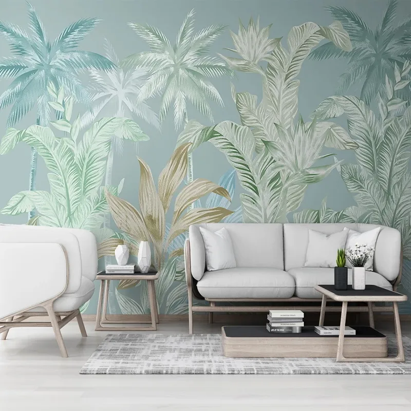 Papel de parede personalizado Papel de parede moderno mão desenhada plantas tropicais folhas verais sala de estar sala de estar TV Sofá Bedroom Papel de Parede Sala 3 D
