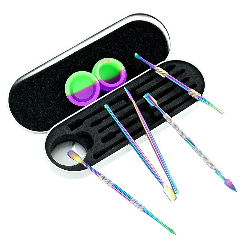 Dab Tool Kit Set with 5ml silicon container rainbow silver long dabber tool metal single package for wax dry herb DHL