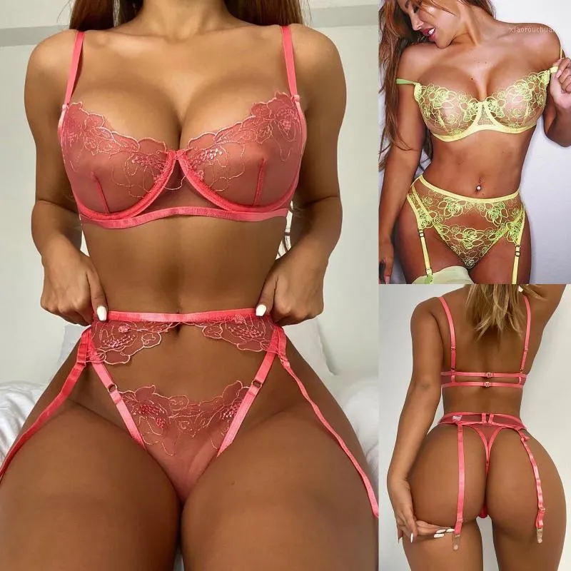 Women Mesh See Through Lingerie Erotic Bra Thongs G-strings Underwear Set  Sleepwear