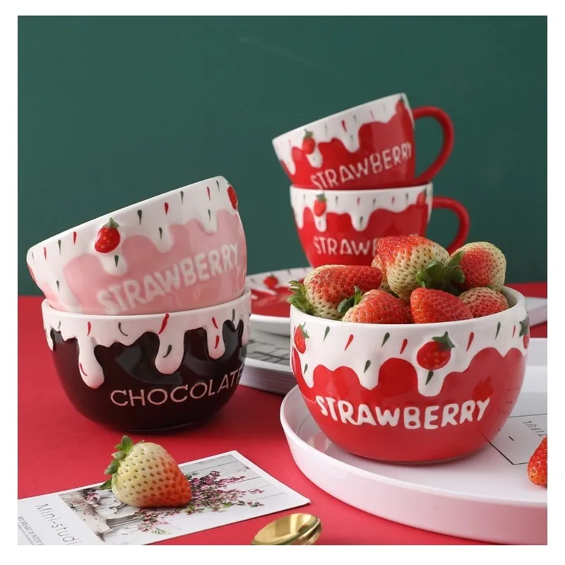 Süße Erdbeer- und Sahneschüssel, rosa, rote, schokoladenfarbene Keramikschüssel für Haferflocken, Wüsteneis, 500 ml, niedliche Schüssel für Kinder 201214