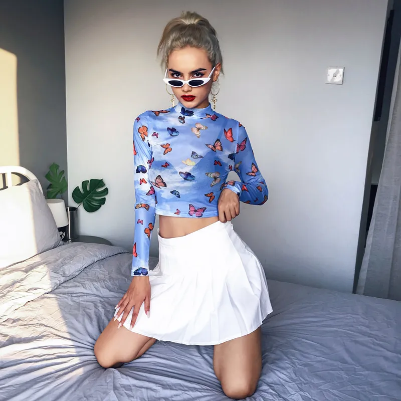 Crop Top Camiseta Transparente Cuello Alto Top Corto De Malla Con