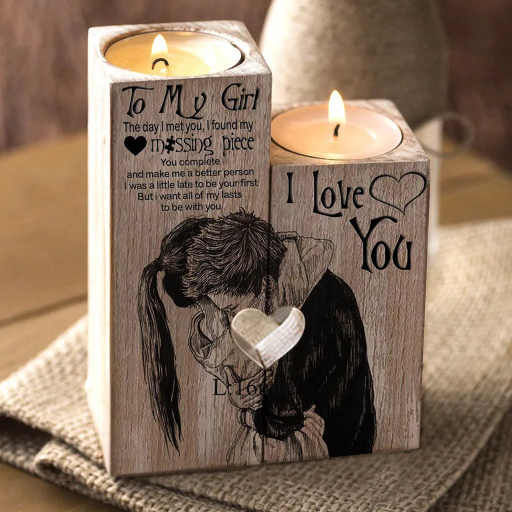 To my girl 2Pcs/set Heart-shaped Craft Wooden Candle Holder Candlestick Shelf Valentine's Day Decoration Gift Candlesticks Home T200624