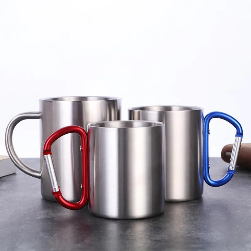 50pcs Free Shipping 220ml Stainless Steel Outdoor Coffee Mug Double Wall Cup Carabiner Hook Handle Cups Mug