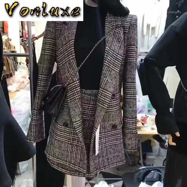 2021 outono inverno pista de decolagem tweed ternos formais para mulheres escritório senhora xadrez blazer jaqueta top mini saia 2 pedaço set1