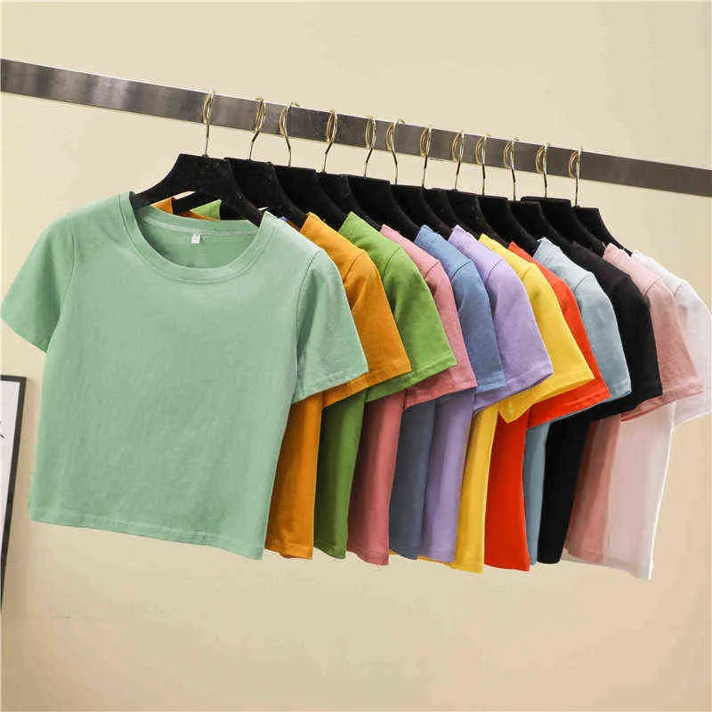 13 Färger Crop Top T-shirt Kvinna Solid O-Neck Kortärmad T-shirts för Kvinnor Hög midja Slim Short Sport Blanc Femme T-tröja G220228