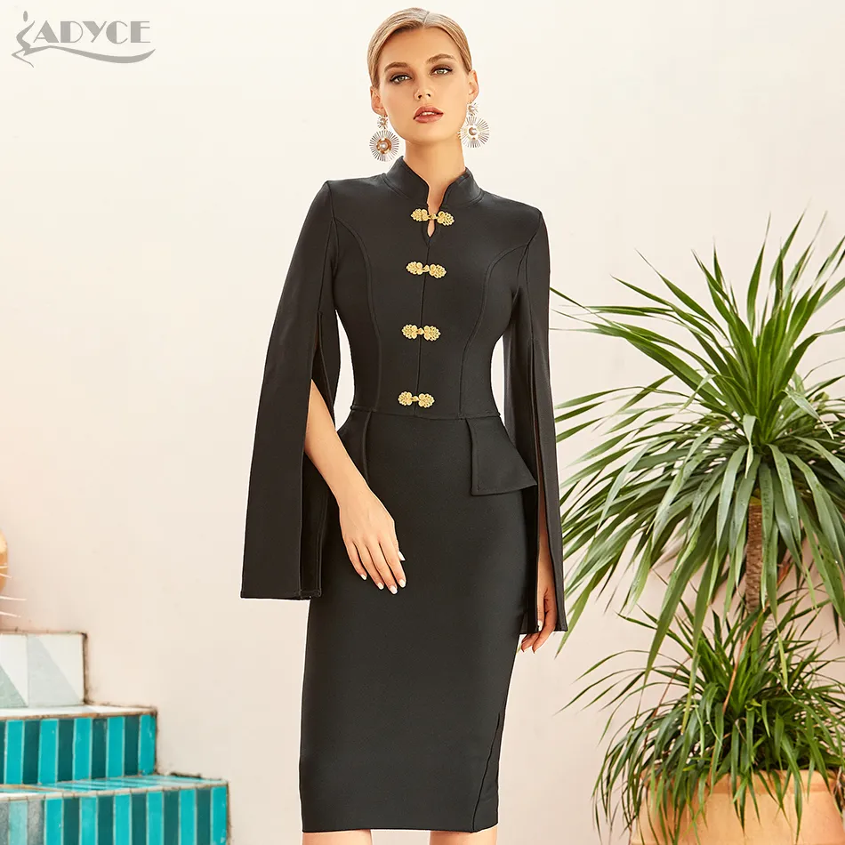 Adyce New Winter Women Black Long Cloak Sleeve Bandage Dress Sexy Midi Celebrity Runway Party Bodycon Club Robes Vestidos 201204