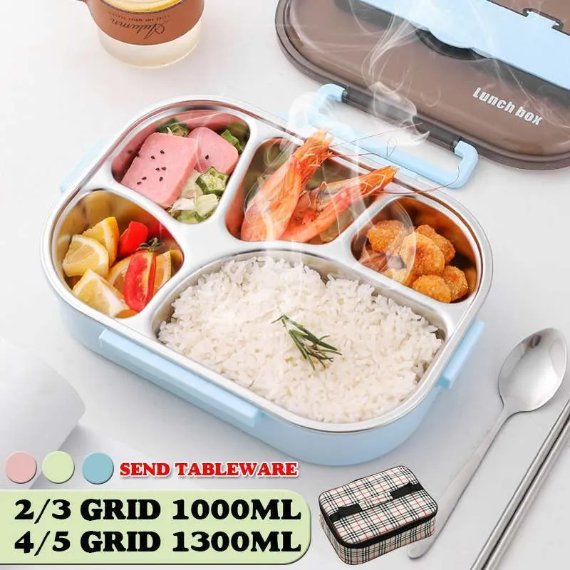 Draagbare lekvrije lunchboxcompartimenten 304 Rvs Lunchbox Office School Kinder Bento Box met lepel en tas 201015