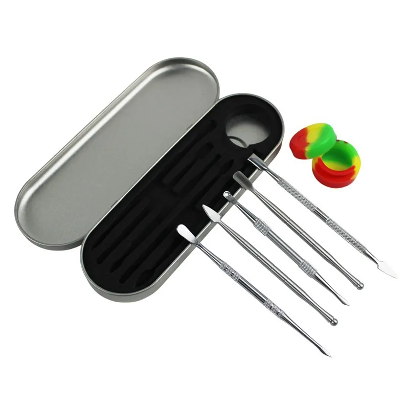 Dab Tool Kit Set with 5ml silicon container rainbow silver long dabber tool metal single package for wax dry herb DHL