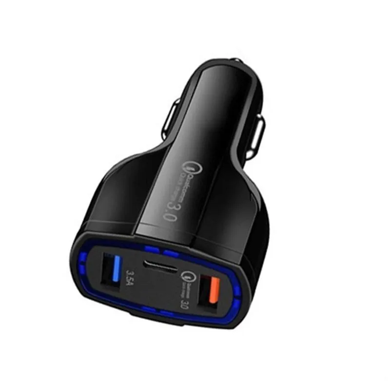 Carregador de carro QC 3.0 Tipo C 35W 7A Carregador rápido Carregador USB duplo Plugue de carregamento rápido Adaptador de 3 portas com pacote de varejo