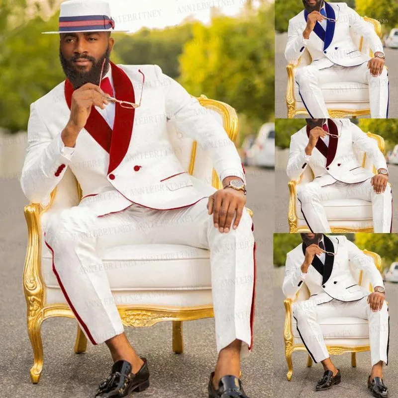 Białe męskie garnitur Wedding 3 -częściowy niestandardowy oblubieńca PROM PRYCJA TUXEDO Slim Fit Blazer Red Velvet podwójnie piersi Pants1