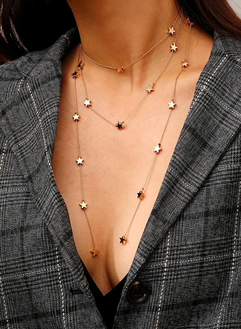 Nuova collana Boho Geometry per le donne 2021 Vintage multistrato di cristallo con paillettes Star Lock pendenti collane girocolli gioielli regalo