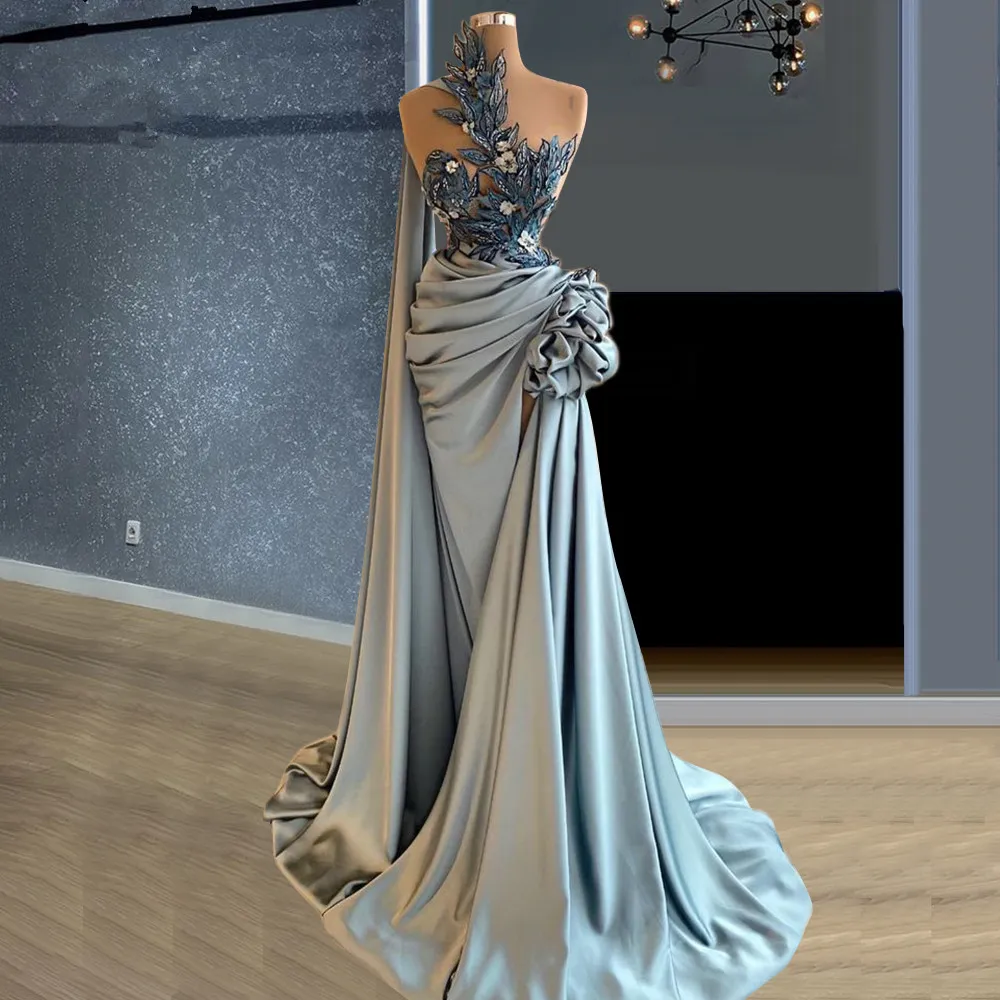 Magnifique dentelle Appliques sirène robes de bal une épaule avec Wrap robe de soirée sur mesure côté fendu volants à plusieurs niveaux robe de soirée de célébrité