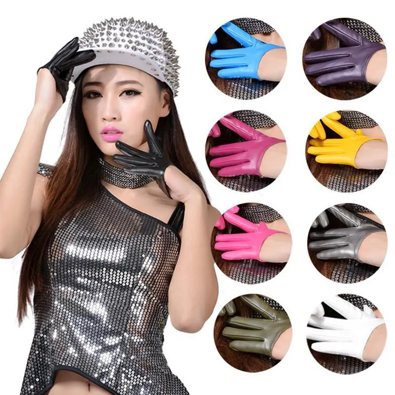 Women New Fashion PU Leather Gloves Sexy Half Palm Full Finger Gloves Lady Stage Show Party Nightclub Pure Black Short Mittens