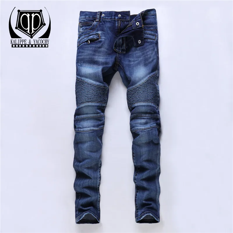 KALIPPE YACOCHY Herren Classic Knie Drape Panel Moto Biker Männer Skinny Slim Male Hip Hop Denim Jeans Homme 201117