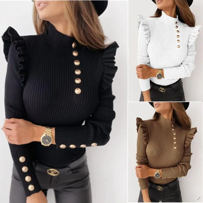 Women Sexy Slim Ruffle Shirt Blouse Office Lady Casual O Neck Ribbed Tops Pullover Autumn Winter Butterfly Long Sleeve Blusas