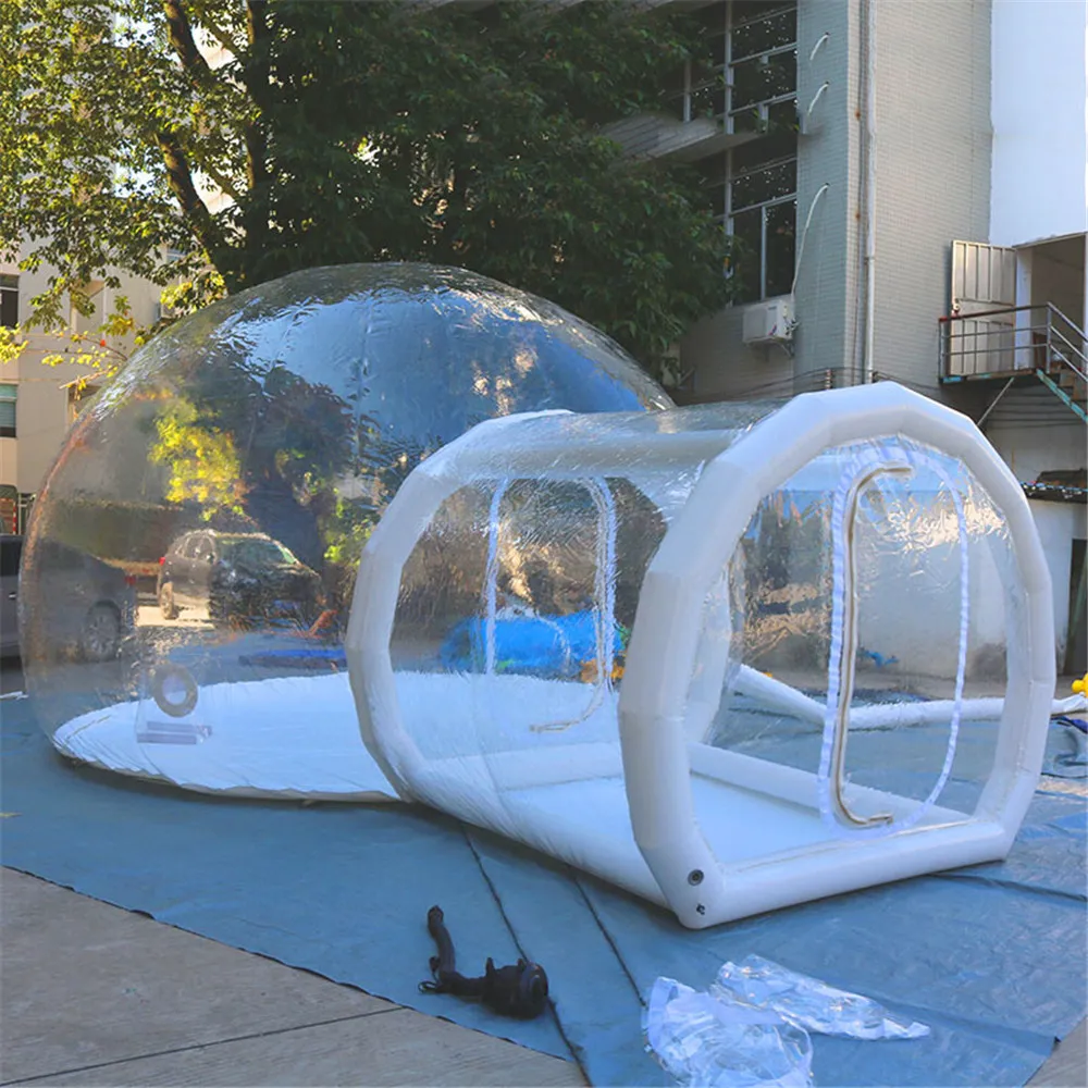 Customized Thicker PVC Bubble Hotel Inflatable Clear Bubble Dome Outdoor Camping Party Tent With Sealed Tunnel Tube Entrance On Sale