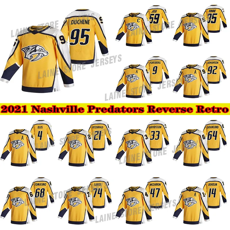 Nashville Predators Jersey 2021 Reverse Retro 95 Мэтт Дюшен 59 Роман Джози 92 Райан Йохансен 9 Филип Форсберг 35 Пекка Ринне Хоккейные майки