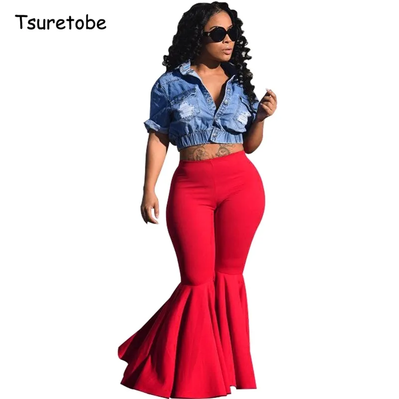 Tsuretobe plus size mode ruche flare broek wide been vrouwen kleurrijke bodycon mid taille bell-bodems broek vintage massief broek 201111