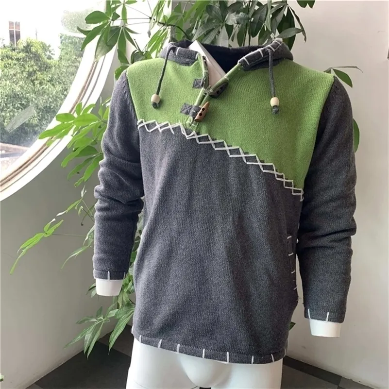 Stickad tröja män Hoodie Pullover Jumper Streetwear Cropped Fall Trendy Spliced ​​Plus Size Stitching Hooded Sweatshirt 201118