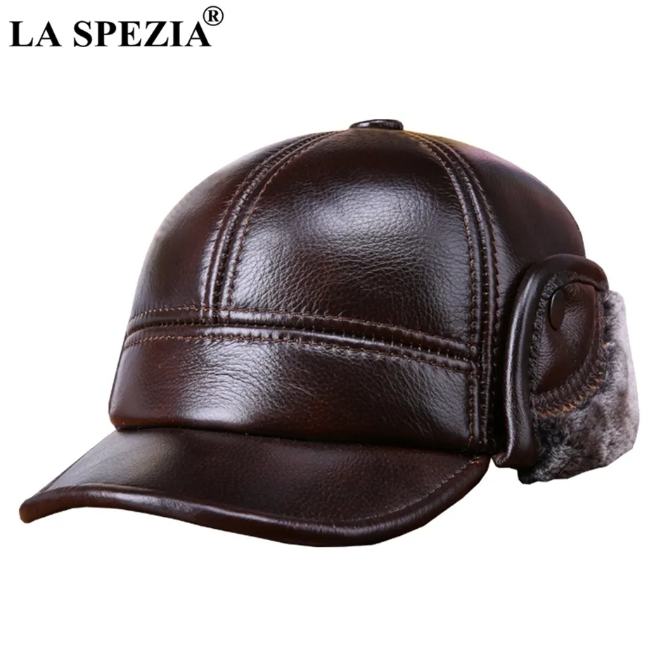 LA SPEZIA, gorras de béisbol de invierno con orejeras de piel, sombrero de cuero de vaca auténtico para hombre, sombrero de pico de pato grueso y cálido, sombrero de cuero marrón de lujo para hombre J1225