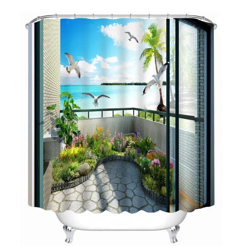 3d Sea View outside the Window Pattern Shower Curtains Bathroom Curtain Thicken Waterproof Thickened Bath Curtain T200711