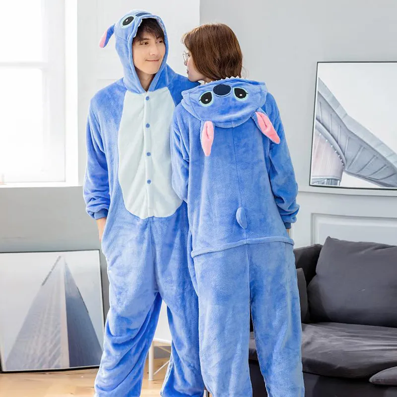 Kigurumi Stitch Adultos Animal Onesies Invierno Mujeres Pijama Mono Chico  Pareja Disfraz Cosplay Franela Dibujos animados Ropa de dormir Pijamas