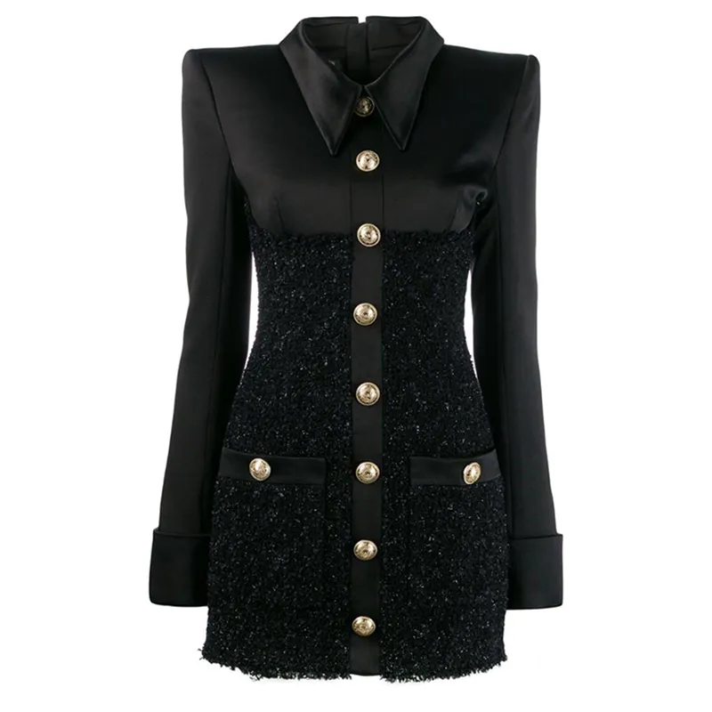 높은 거리 새로운 패션 바로크 디자이너 활주로 드레스 여성 사자 버튼 새틴 패치 워크 트위드 쉬머 드레스 201204
