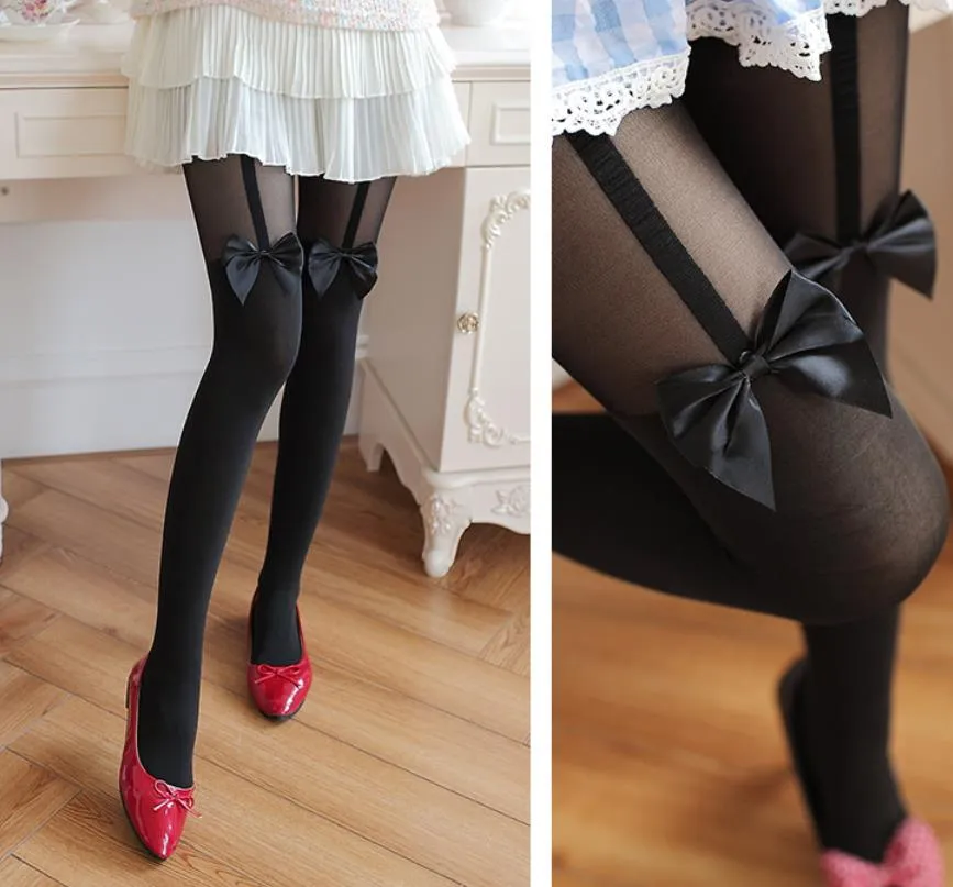 Vintage Women Sheer Tights Bow Pantyhose Faux Thigh High Bow Suspender Tights Imitating Sexy Tattoo Stockings Black White Hosiery