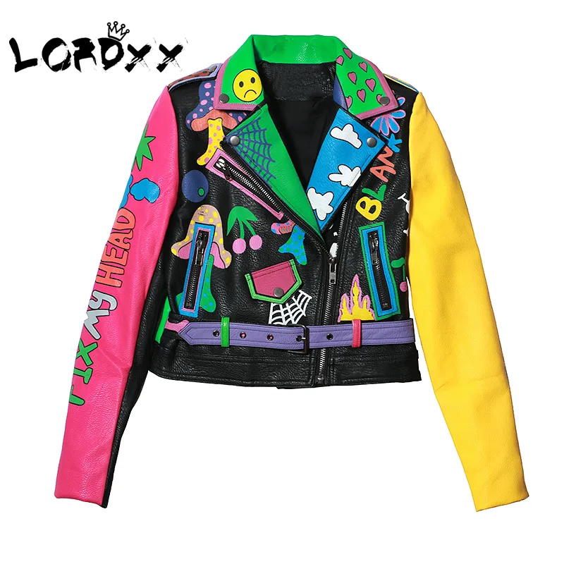 Veste arc-en-ciel coloré Lordexx Femme Nouveau Mode Imprimez Jaune Street Street Cuir Cuir Jacket Zipper Moto Manteau 201112