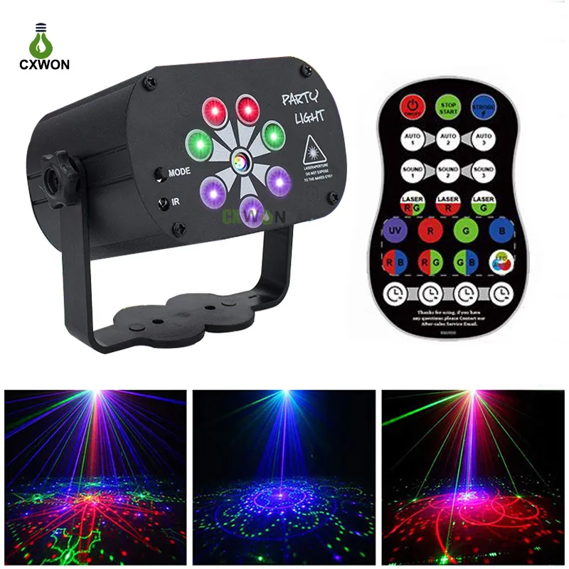 Laserljus 120 Patters USB-uppladdningsbar RGB UV-laser Stage Party Light för Inomhus Födelsedag Hem Party Christmas