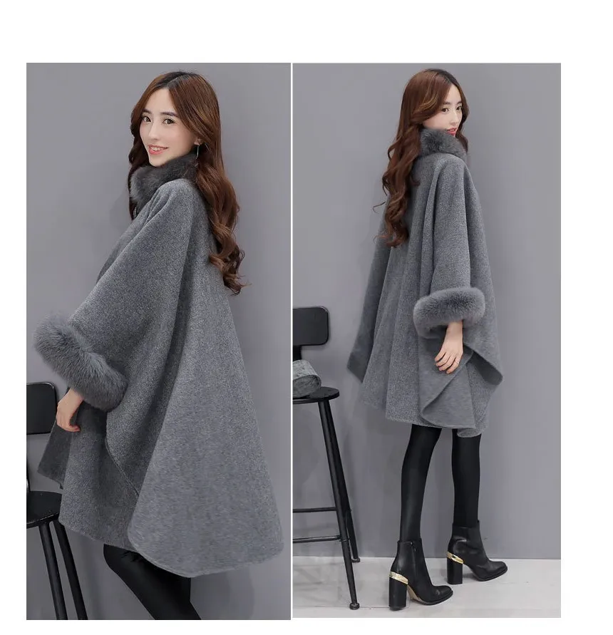 Ponchos 및 Capes 여성 크리스마스 패션 플레어 슬리브 가짜 여우 모피 칼라 겨울 양모 망토 케이프 코트 Poncho Long Overcoat 201028