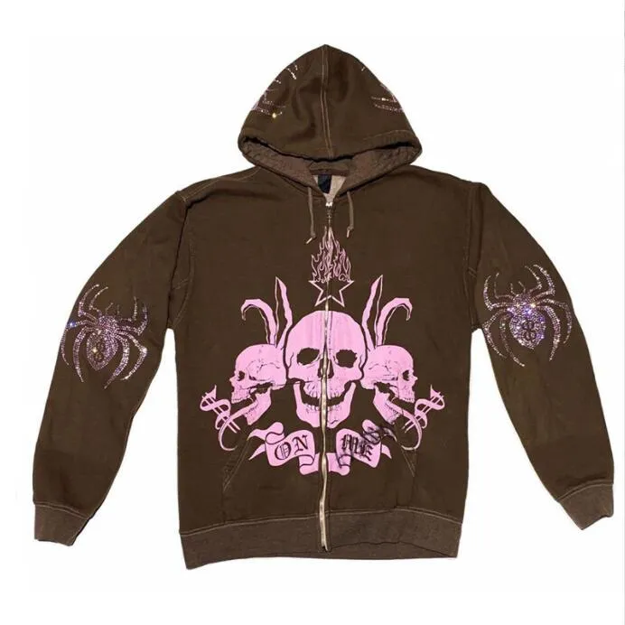 Kvinnor Rhinestone Spider Skull Print Streetwear Hoodies Kvinnor Coat Goth Harajuku Y2k Estetisk Kläder Grunge Punk Jacket Zip-Up